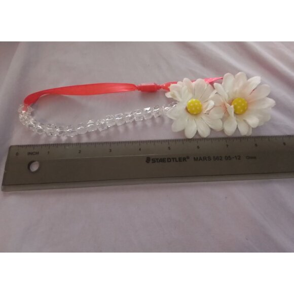 Daisy Flower Headband With Clear Beads & Pink Ribbon - Picture 2 of 2